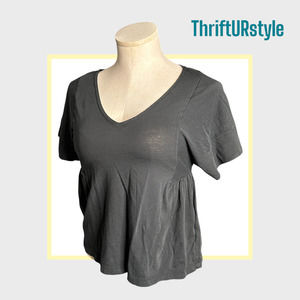 Black Babydoll Top V-Neck Short‎ Sleeve T-Shirt Flowy Casual Comfy